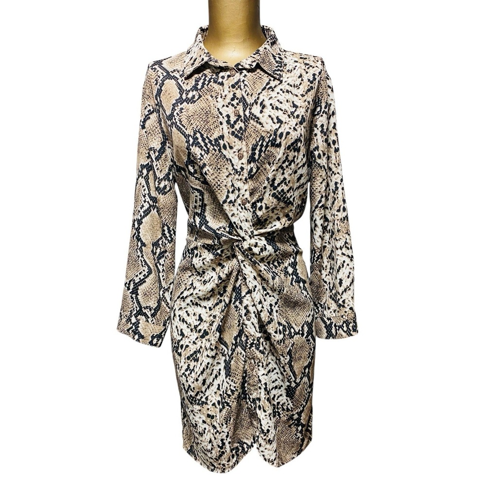 Fab'rik Women's Snake Print Twist Front Button Down  Midi Shirt Dress Size Med